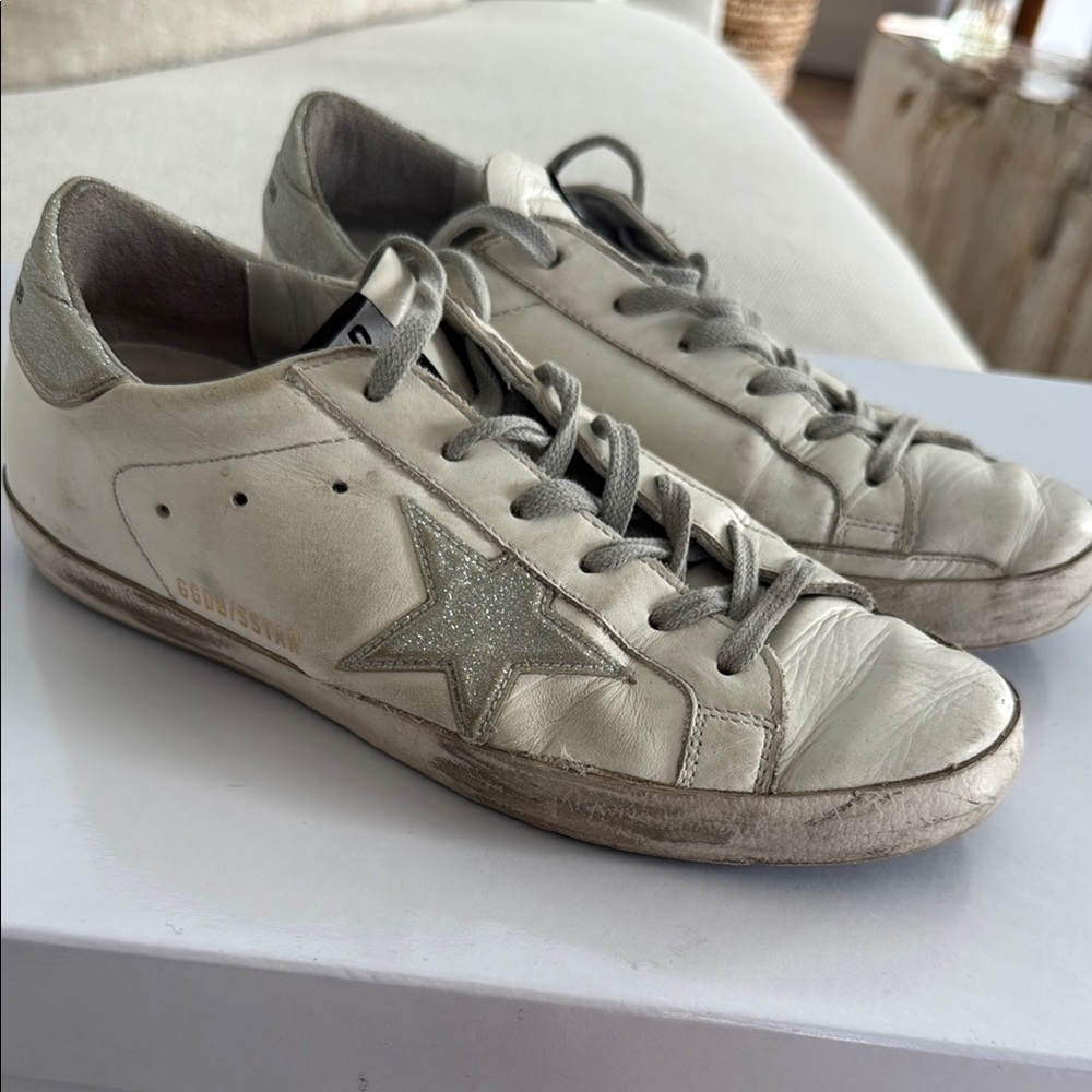 Golden Goose White and Silver Low Top Sneakers Size 38
